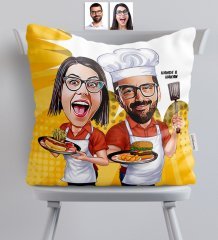 Kişiye Özel Aşçı Çift Karikatürlü Saten Yastık