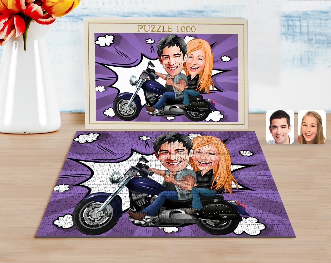 Kişiye Özel Motorcu Sevgililer Karikatürlü 1000 Parça Profesyonel Puzzle-1