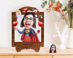 Kişiye Özel Anneler Günü Temalı Süper Anne Karikatürlü Ahşap Standlı 3D Biblo-1