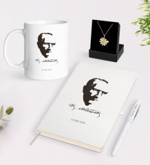 Kişiye Özel Atatürk Temalı Beyaz Kupa Defter Kalem ve İsimli Papatya Kolye Hediye Seti-23