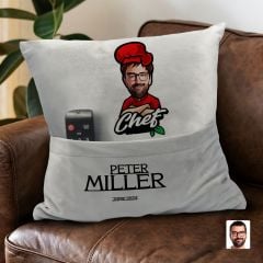 BK Gift Kişiye Özel Chef Karikatür Tasarımlı Organizer Kumanda ve Atıştırmalık Cepli Gri Kırlent Yastık-10 Arkadaşa Hediye, Cepli Yastık