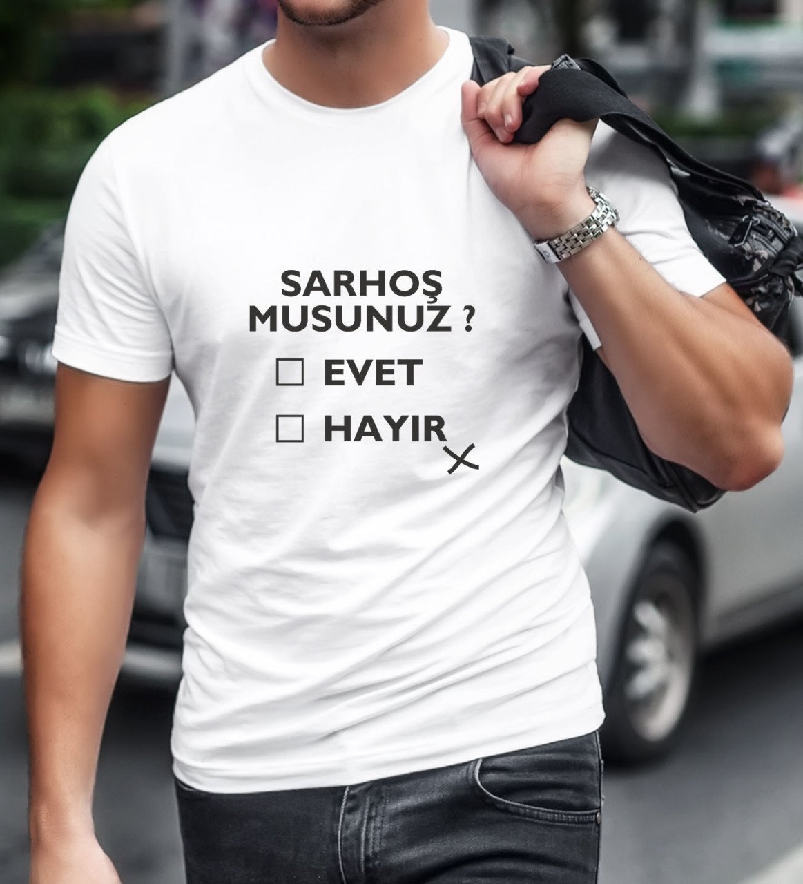 Kişiye Özel Sarhoş Musunuz Tasarımlı Erkek Beyaz Tişört-1