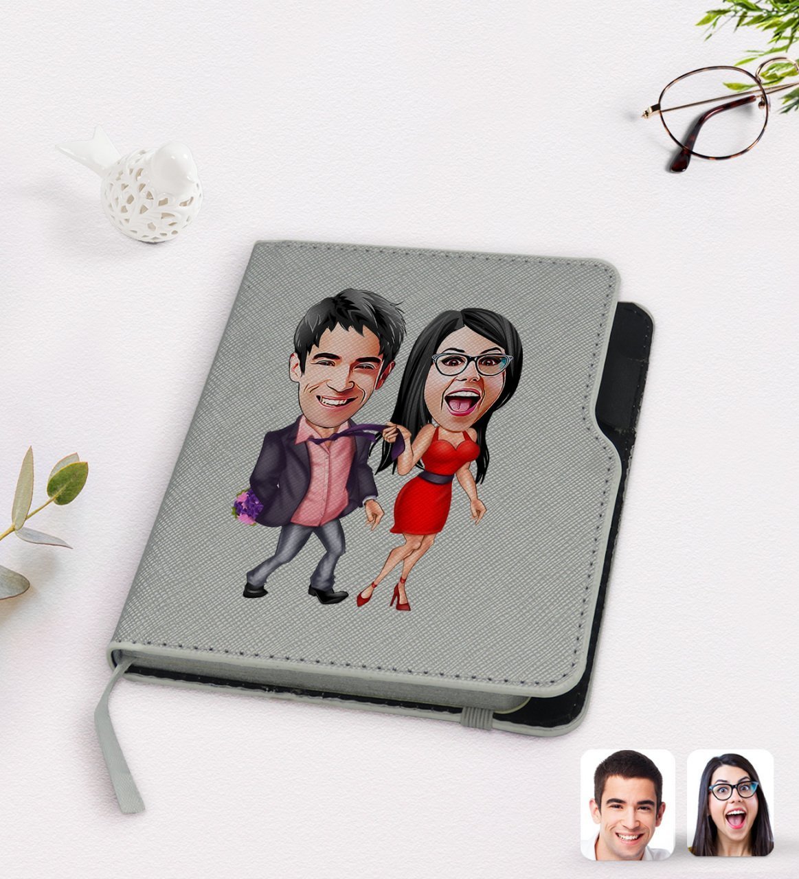 Kişiye Özel Sevgililer Karikatürlü Gri Termo Deri Defter-4