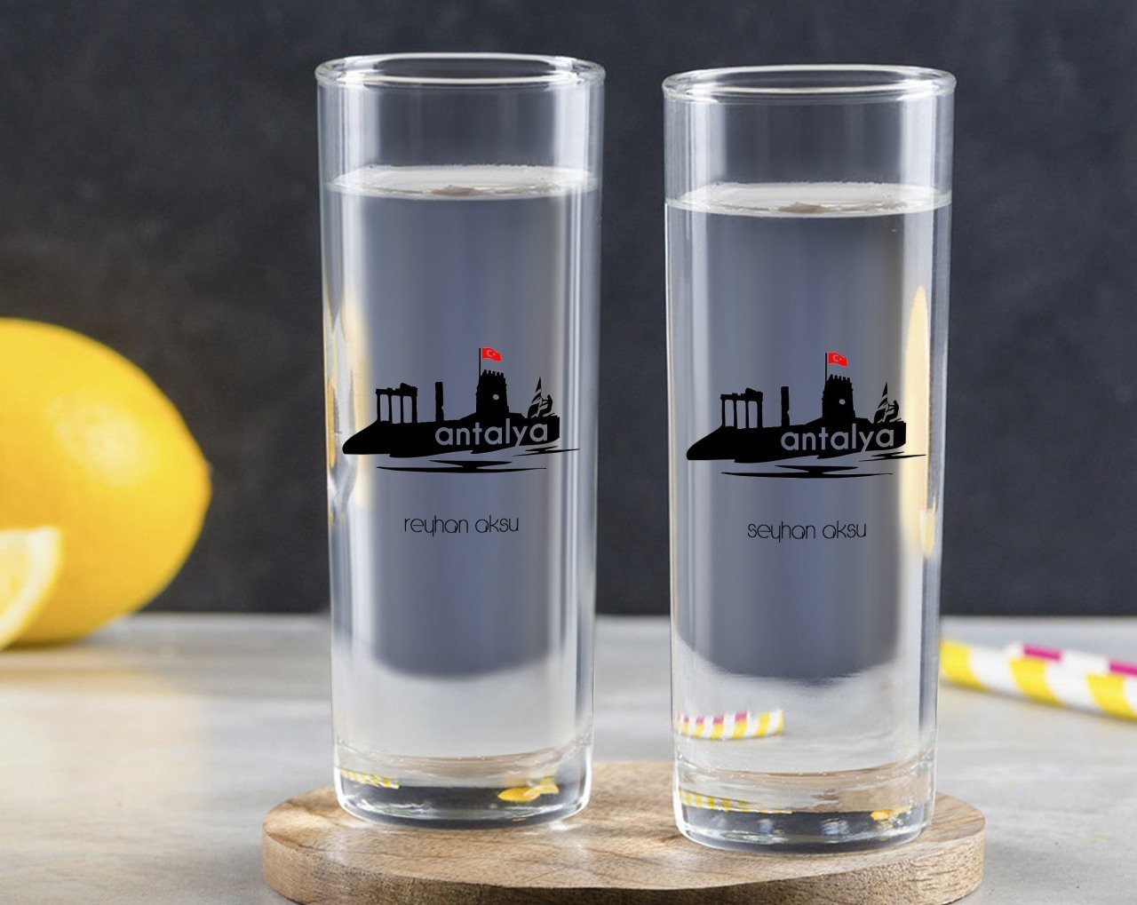 Kişiye Özel Renkli Baskılı Antalya Tasarımlı Turistik İkili Vodka Bardağı-2