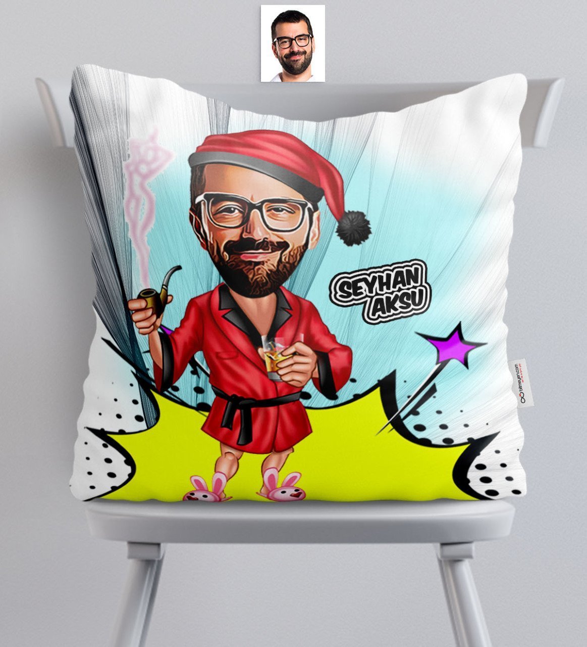 Kişiye Özel Bay Yılbaşı Karikatürlü Saten Yastık - 2