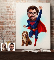 Kişiye Özel Evcil Dost ve Süper Adam Karikatürlü Kanvas Tablo 70x100cm-10
