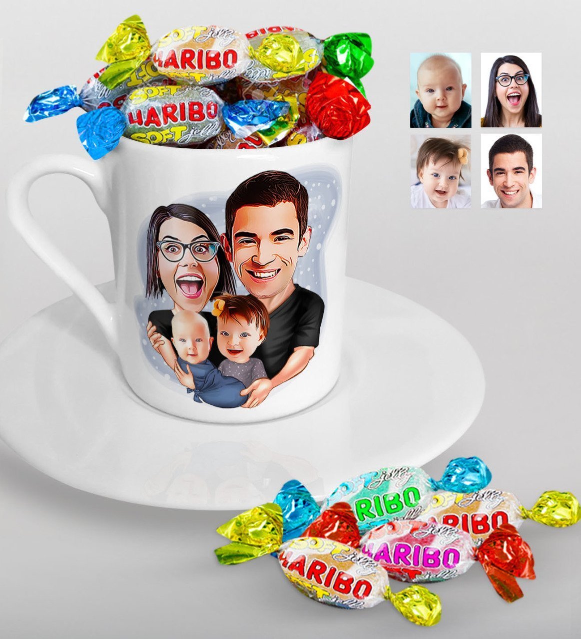 Kişiye Özel Aile Karikatürlü Türk Kahvesi Fincanı ve Haribo Şeker Hediye Seti-4