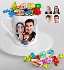 Kişiye Özel Aile Karikatürlü Türk Kahvesi Fincanı ve Haribo Şeker Hediye Seti-4
