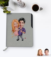 Kişiye Özel Sevgililer Karikatürlü Gri Termo Deri Defter-3