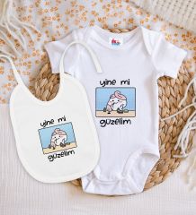 BK Kids Yine Mi Güzelim Tasarımlı Beyaz Bebek Body Zıbın ve Mama Önlüğü Hediye Seti-1
