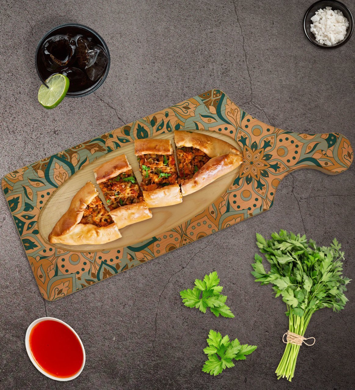 BK Gift Retro Motif Tasarımlı Dikdörtgen Şeklinde Doğal Ahşap Servis ve Sunum Tabağı Model 11