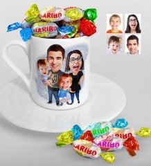 Kişiye Özel Aile Karikatürlü Türk Kahvesi Fincanı ve Haribo Şeker Hediye Seti-3