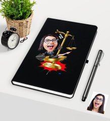 Kişiye Özel Bayan Avukat Karikatürlü Siyah Defter Kalem Seti - 4