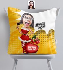 Kişiye Özel Bayan Yeni Yıl Karikatürlü Saten Yastık - 2