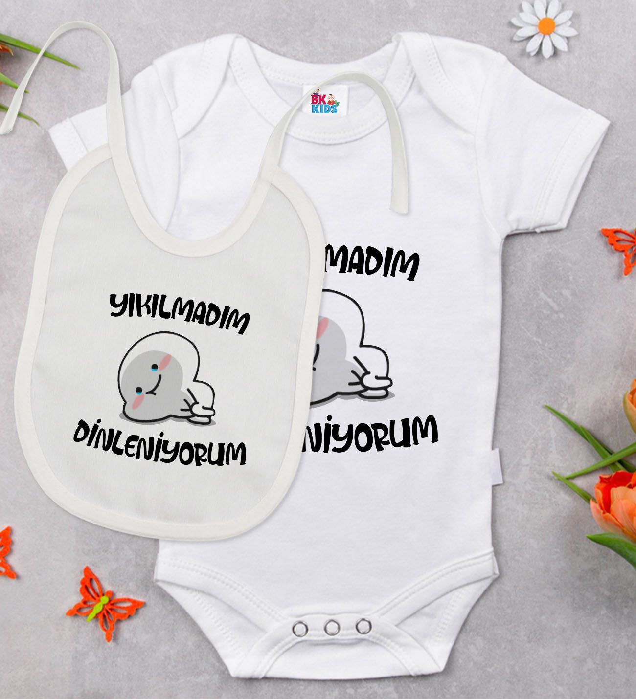 BK Kids Yıkılmadım Dinleniyorum Tasarımlı Beyaz Bebek Body Zıbın ve Mama Önlüğü Hediye Seti-1