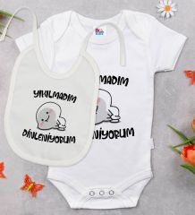BK Kids Yıkılmadım Dinleniyorum Tasarımlı Beyaz Bebek Body Zıbın ve Mama Önlüğü Hediye Seti-1