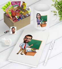 Kişiye Özel Bay Öğretmen Karikatürlü Nostaljik Lezzetler Defter Kalem Kupa Hediye Seti