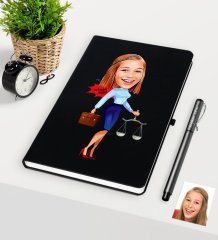 Kişiye Özel Bayan Avukat Karikatürlü Siyah Defter Kalem Seti - 3