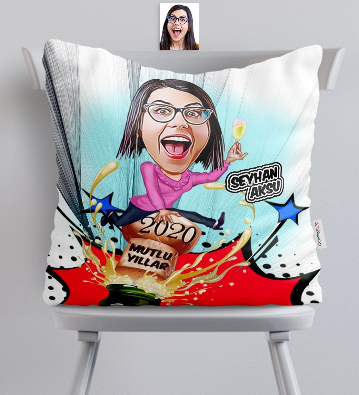 Kişiye Özel Bayan Yeni Yıl Karikatürlü Saten Yastık - 1