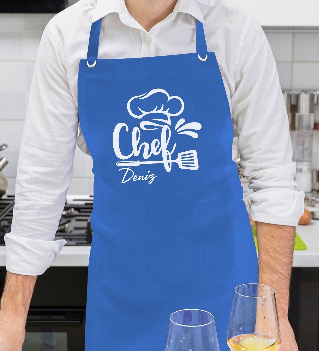 BK Gift Kişiye Özel İsimli Chef Tasarımlı Profesyonel Saks Mavi Mutfak Önlüğü, Aşçı Önlüğü, Şef Önlüğü, Arkadaşa Hediye-5