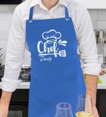 BK Gift Kişiye Özel İsimli Chef Tasarımlı Profesyonel Saks Mavi Mutfak Önlüğü, Aşçı Önlüğü, Şef Önlüğü, Arkadaşa Hediye-5
