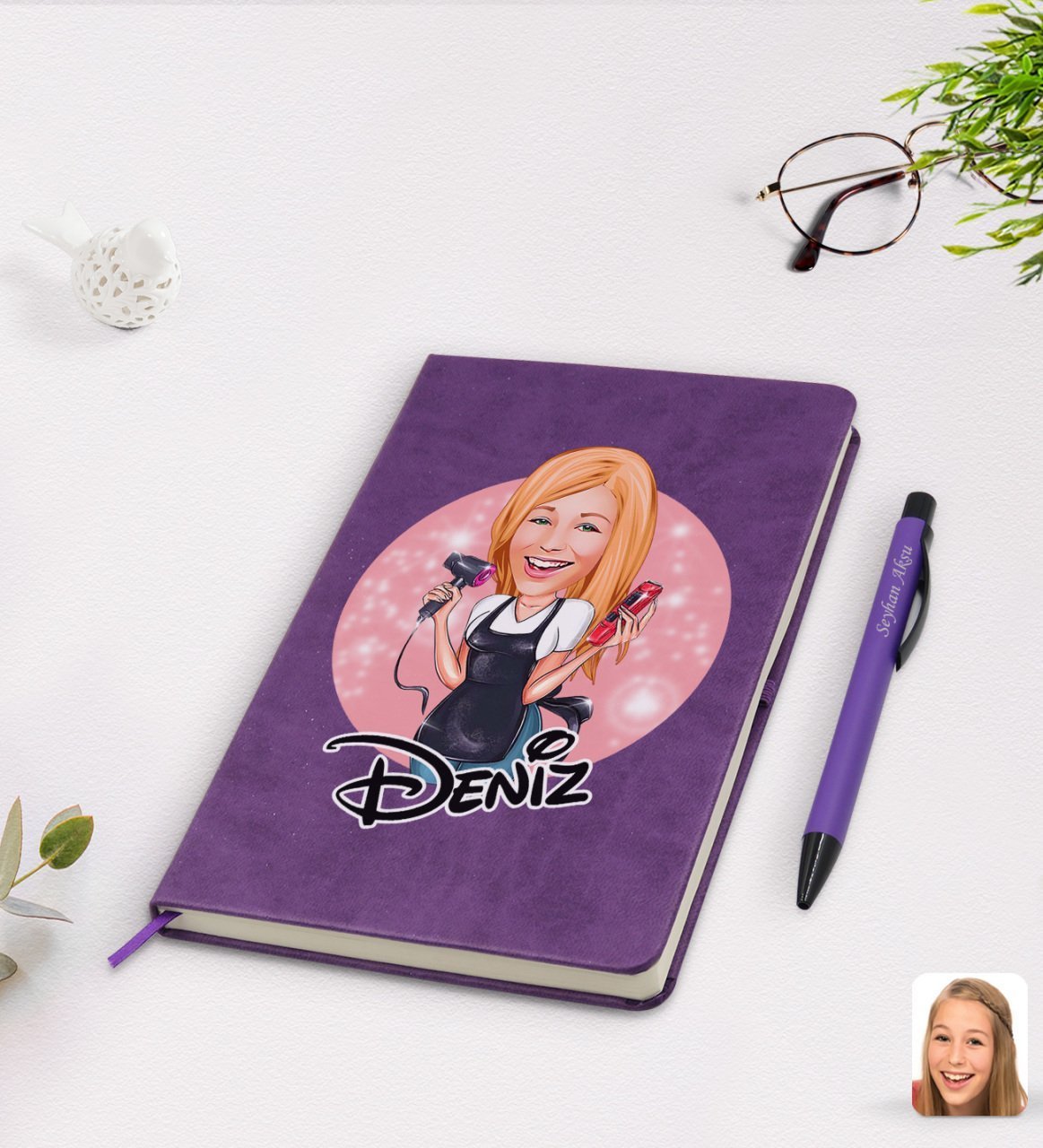 Kişiye Özel Kadın Kuaför Karikatürlü Mor Termo Deri Defter Kalem Seti Model 3