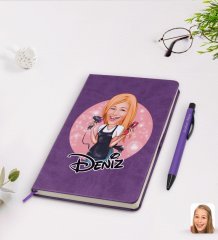 Kişiye Özel Kadın Kuaför Karikatürlü Mor Termo Deri Defter Kalem Seti Model 3