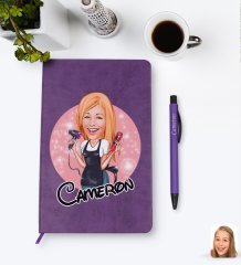Kişiye Özel Kadın Kuaför Karikatürlü Mor Termo Deri Defter Kalem Seti Model 3