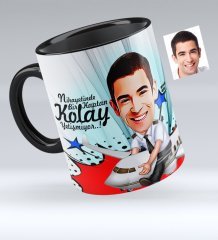 Kişiye Özel Bay Kaptan Pilot Karikatürlü Siyah Kupa Bardak - 1