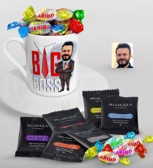 Kişiye Özel Erkek Big Boss Karikatürlü Türk Kahvesi Fincanı Selamlique Karışık Türk Kahvesi ve Haribo Şeker Hediye Seti-4