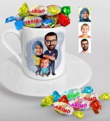 Kişiye Özel Tesettürlü Aile Karikatürlü Türk Kahvesi Fincanı ve Haribo Şeker Hediye Seti-1