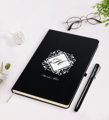 Kişiye Özel Baş Harf İsim Tasarımlı Siyah Defter Kalem Seti-10