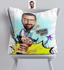 Kişiye Özel Bay Yeni Yıl Karikatürlü Saten Yastık - 1