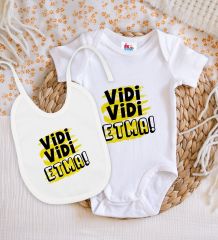 BK Kids Vidi Vidi Etma Tasarımlı Beyaz Bebek Body Zıbın ve Mama Önlüğü Hediye Seti-1