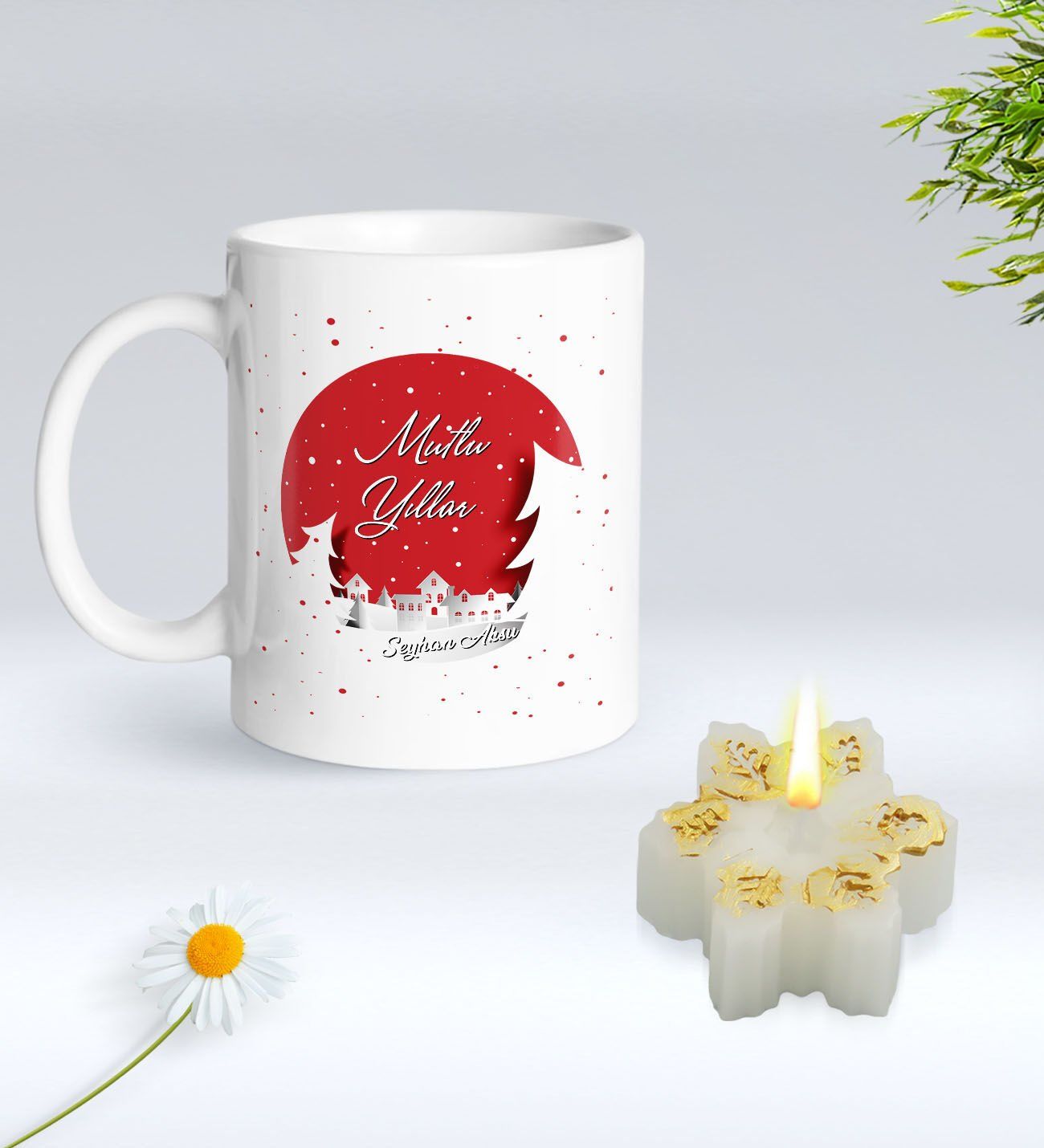 Yılbaşı Hediyesi BK Gift Kişiye Özel Yeni Yıl Tasarımlı Beyaz Kupa Bardak ve Kokulu Kar Tanesi Mum Hediye Seti-4, Sevgiliye Hediye, Arkadaşa Hediye