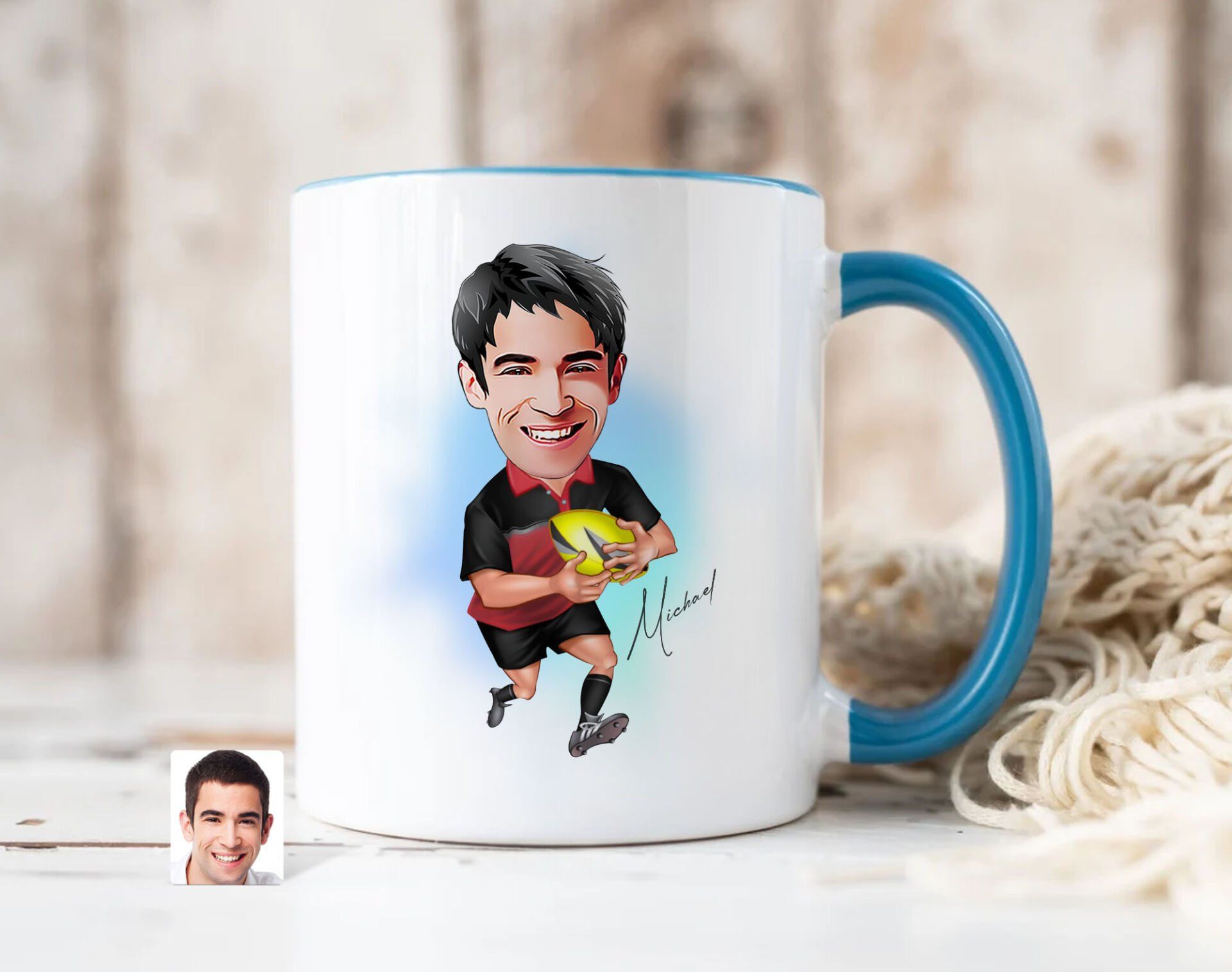 Bk Gift Kişiye Özel Amerikan Futbolcusu Karikatürlü Mavi Kupa Bardak-14, Sevgiliye Hediye, Arkadaşa Hediye