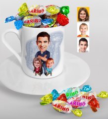 Kişiye Özel Baba-Kız-Oğul Karikatürlü Türk Kahvesi Fincanı ve Haribo Şeker Hediye Seti-1