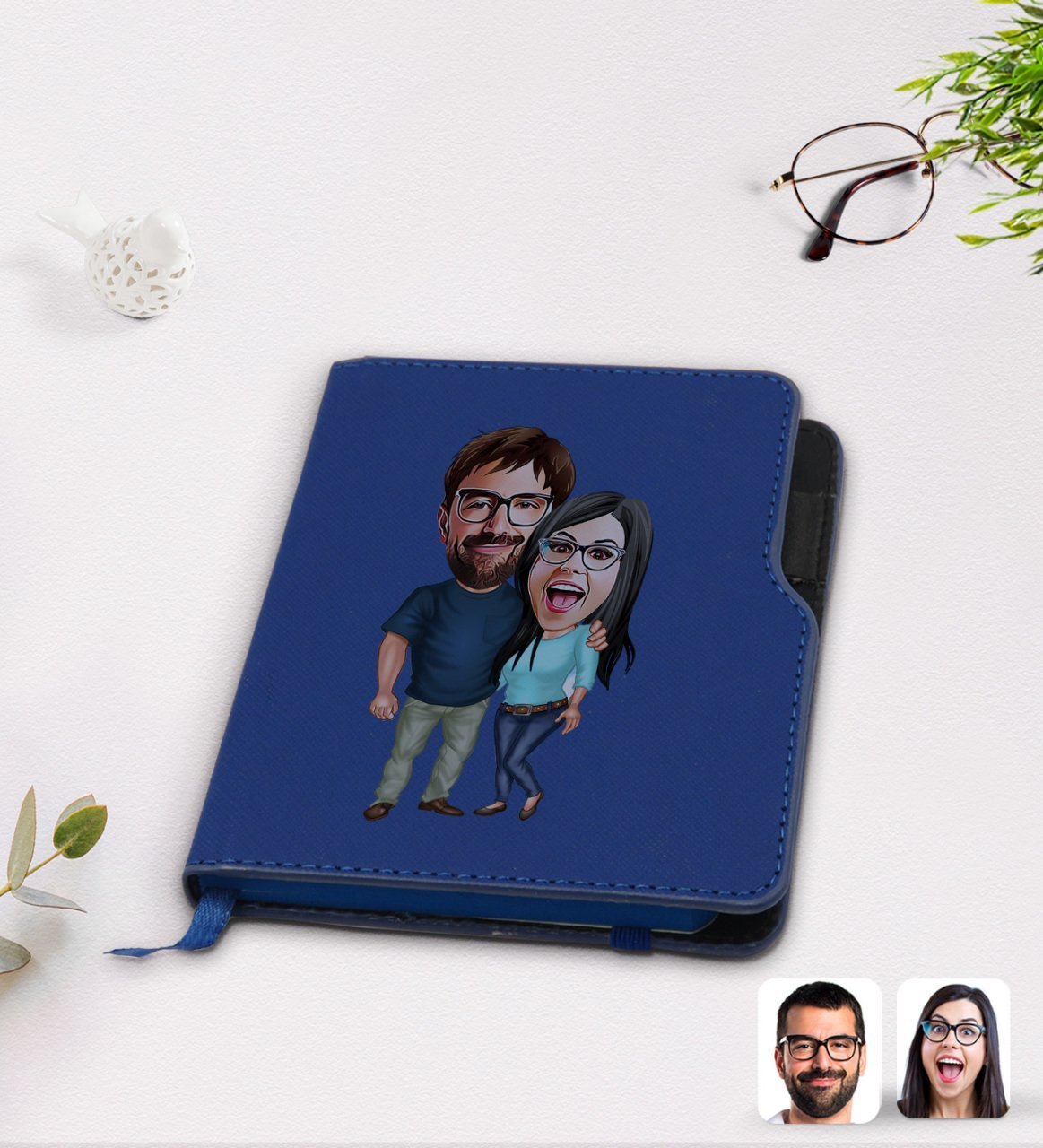 Kişiye Özel Sevgililer Karikatürlü Lacivert Termo Deri Defter-109
