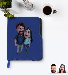 Kişiye Özel Sevgililer Karikatürlü Lacivert Termo Deri Defter-109