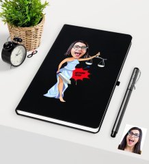 Kişiye Özel Bayan Avukat Karikatürlü Siyah Defter Kalem Seti - 1