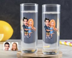 Kişiye Özel Renkli Baskılı Sevgililer Karikatürlü İkili Vodka Bardağı-14