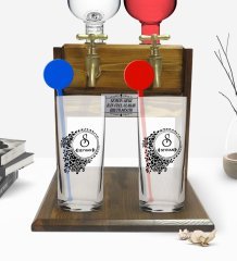 Kişiye Özel Renkli Baskılı İsimli İkili Vodka Bardağı ve Çift Musluklu Doğal Ahşap Vodka Standı-114