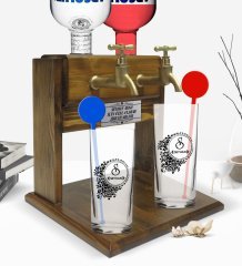 Kişiye Özel Renkli Baskılı İsimli İkili Vodka Bardağı ve Çift Musluklu Doğal Ahşap Vodka Standı-114