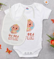 BK Kids Üj Bej Aylık Tasarımlı Beyaz Bebek Body Zıbın ve Mama Önlüğü Hediye Seti-1