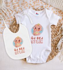 BK Kids Üj Bej Aylık Tasarımlı Beyaz Bebek Body Zıbın ve Mama Önlüğü Hediye Seti-1