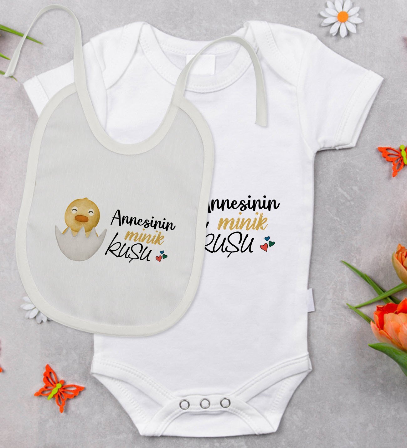 BK Kids Annesinin Minik Kuşu Tasarımlı Bebek Body Zıbın ve Mama Önlüğü Hediye Seti - Model 1
