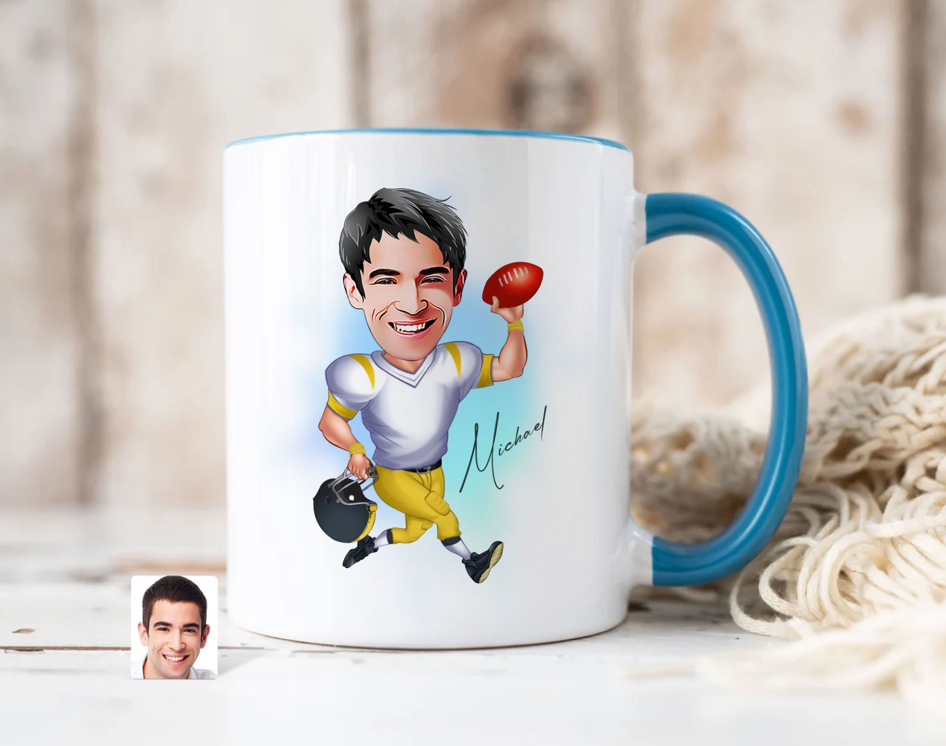 Bk Gift Kişiye Özel Amerikan Futbolcusu Karikatürlü Mavi Kupa Bardak-13, Sevgiliye Hediye, Arkadaşa Hediye