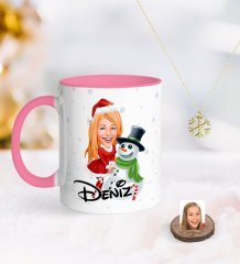 Kişiye Özel Kadın Yeni Yıl Karikatürlü Pembe Kupa ve Kar Tanesi Kolye-2