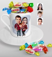 Kişiye Özel Aile Karikatürlü Türk Kahvesi Fincanı ve Haribo Şeker Hediye Seti-2