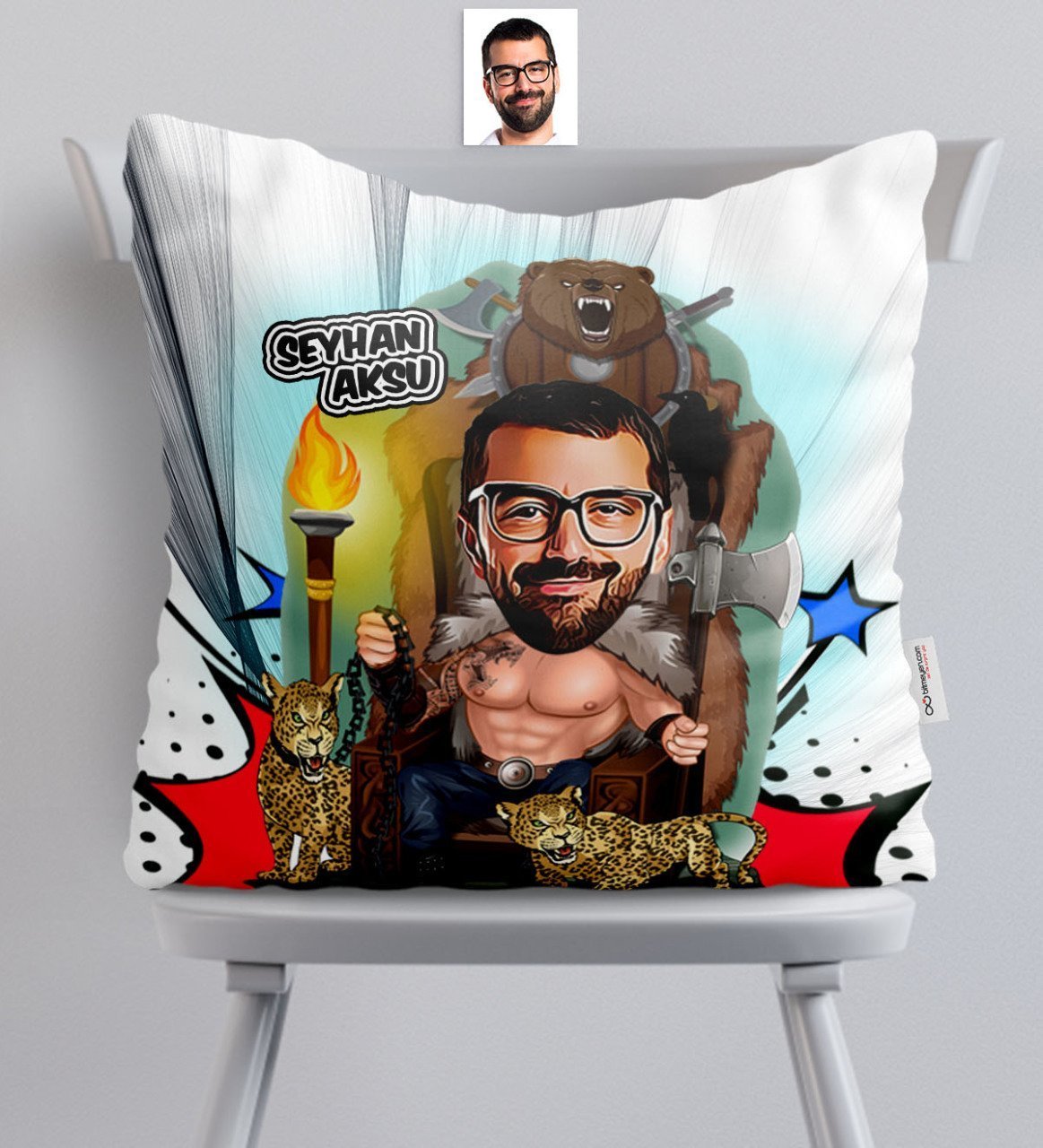 Kişiye Özel Bay Viking Karikatürlü Saten Yastık